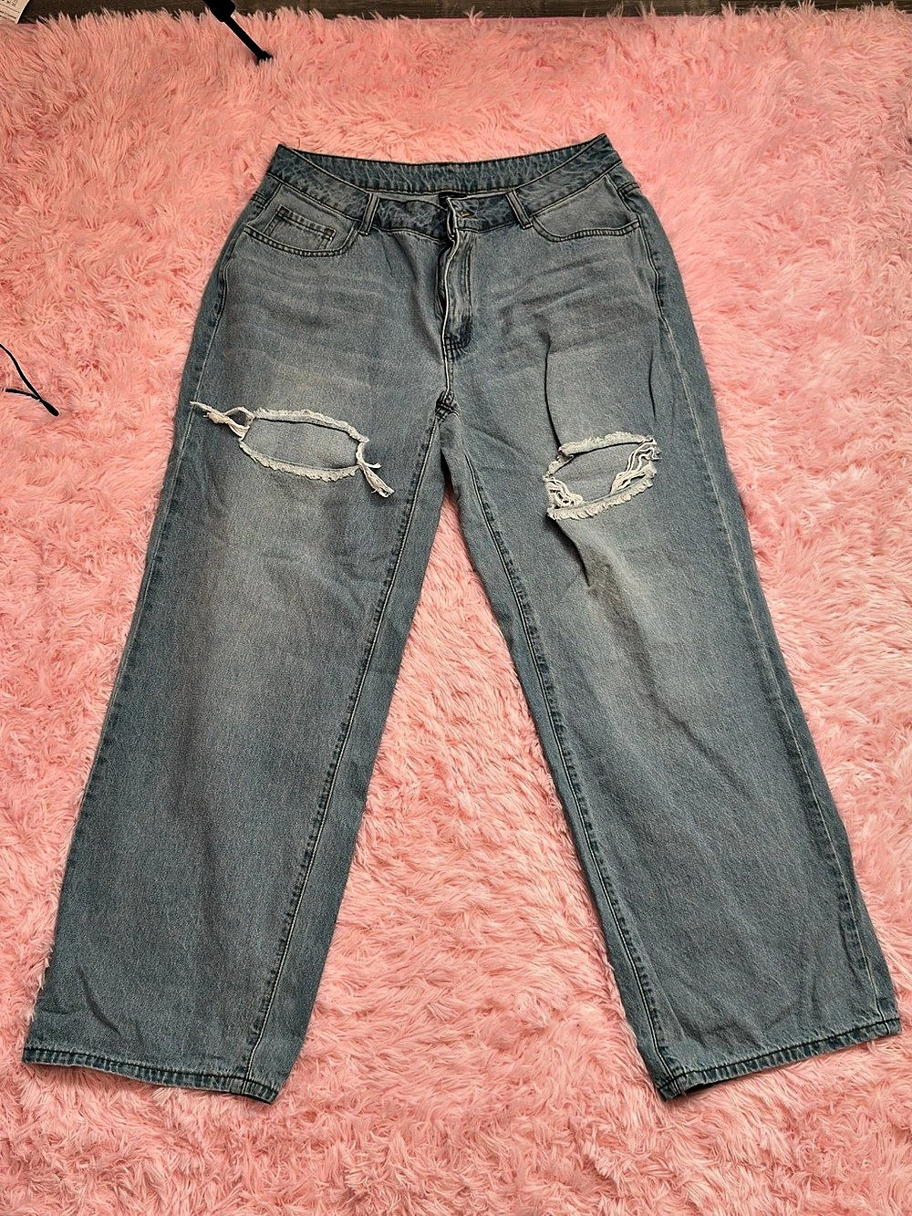 SHEIN SXY Single Button Cut Out Ripped Frayed Wide Leg Jeans Blue XXL Boyfriend